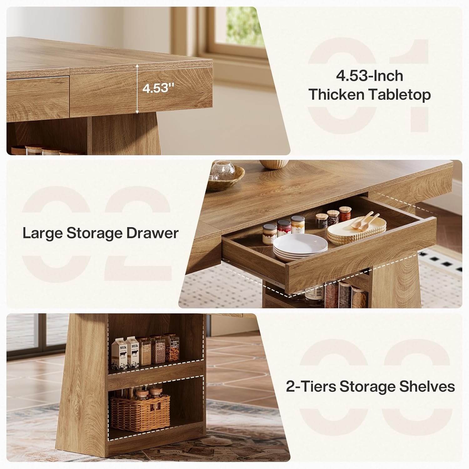 55" Dining Table, Wooden Kitchen Dinner Table with Storage Drawer for 4-6 People