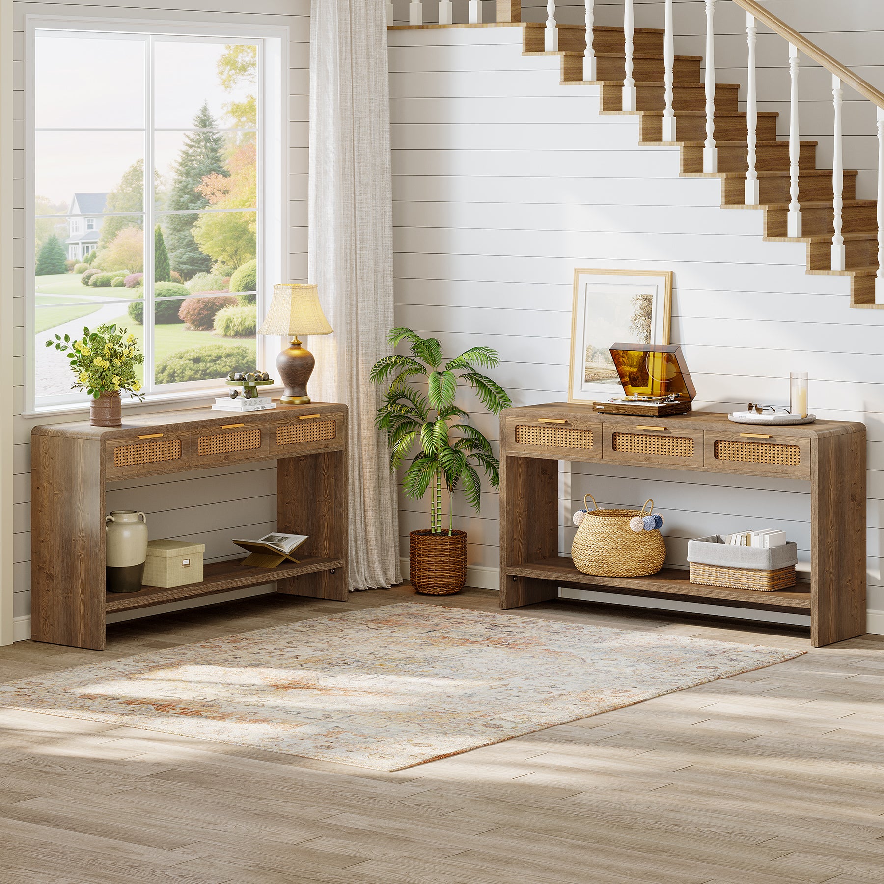 55" Entryway Table, Narrow 2-Tier Sofa Table with 3 Rattan Drawers