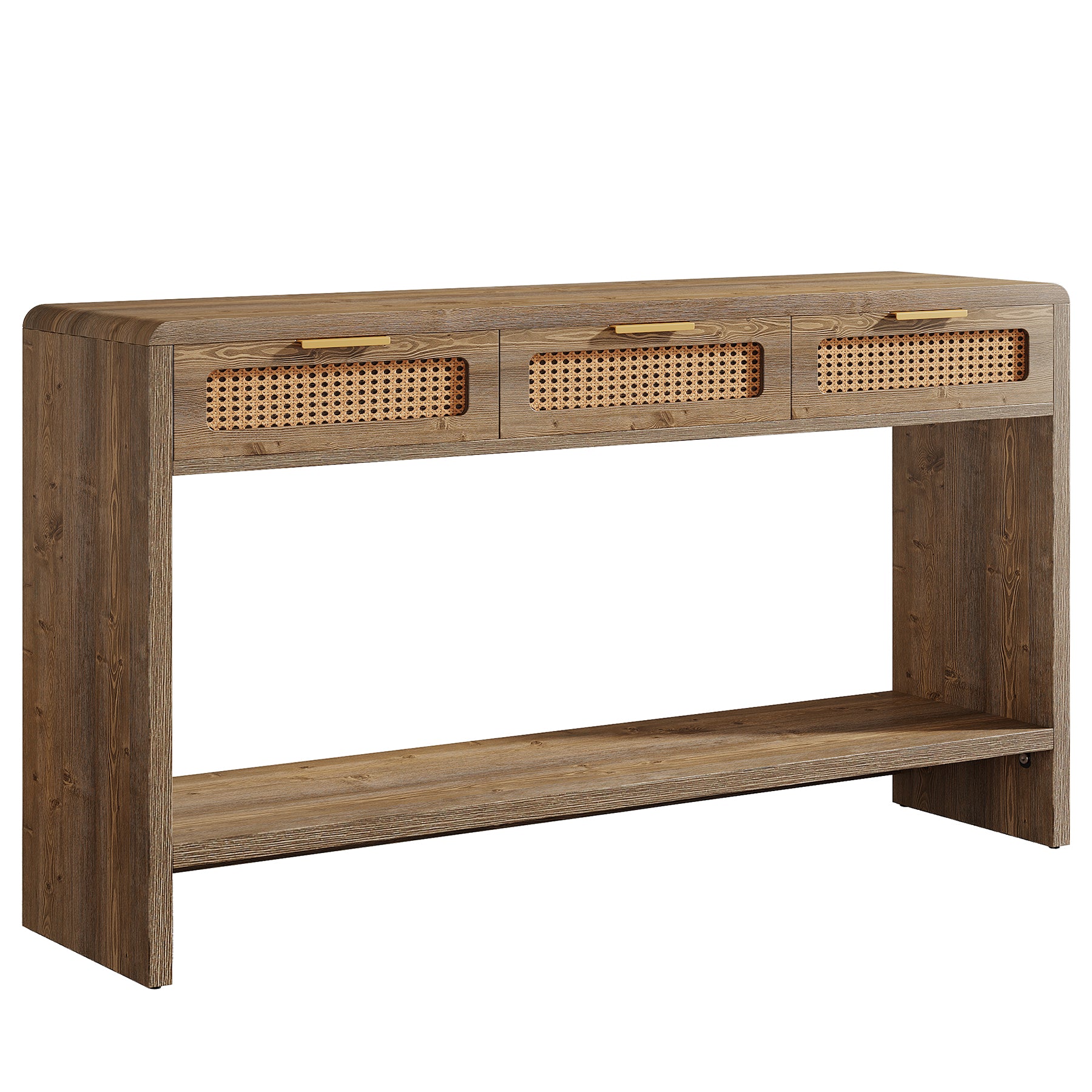 55" Entryway Table, Narrow 2-Tier Sofa Table with 3 Rattan Drawers