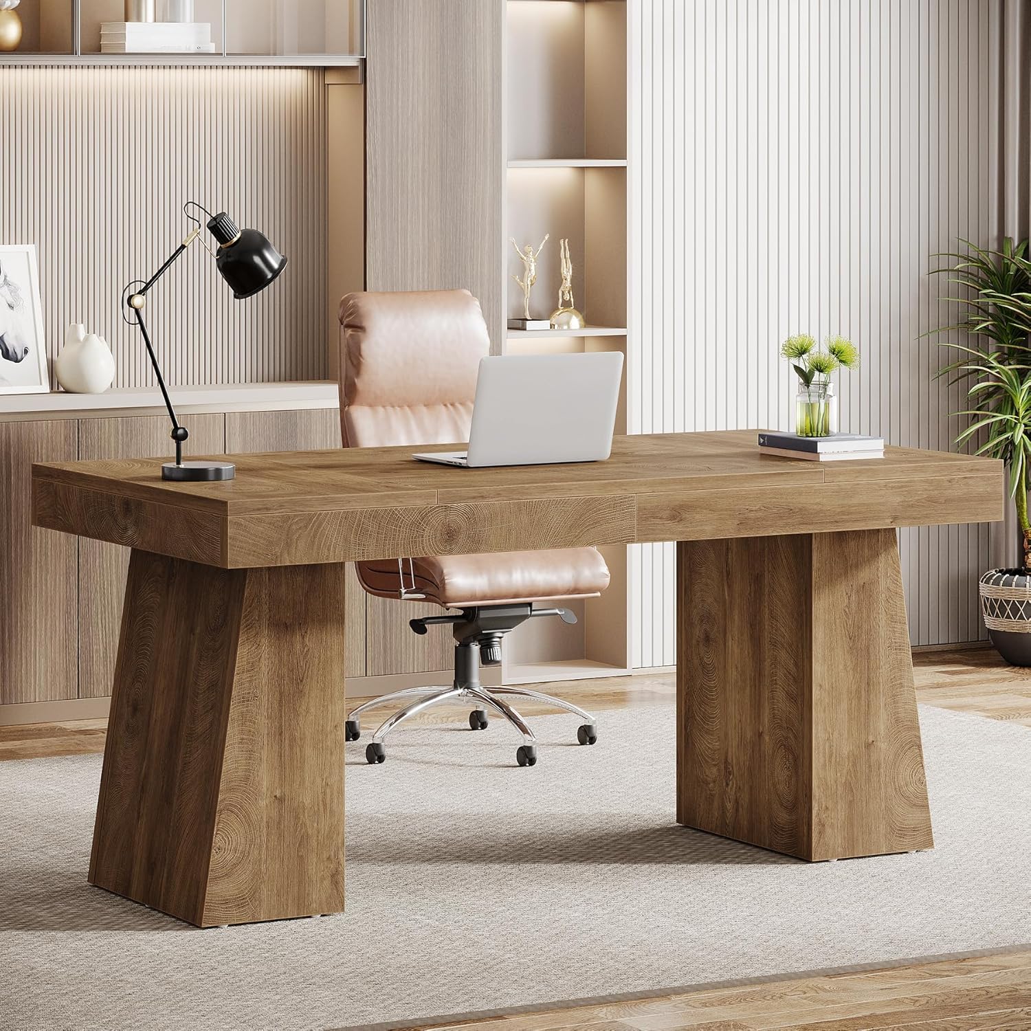 55" Executive Desk, Mid-Century Modern Home Office Computer Desk Workstation