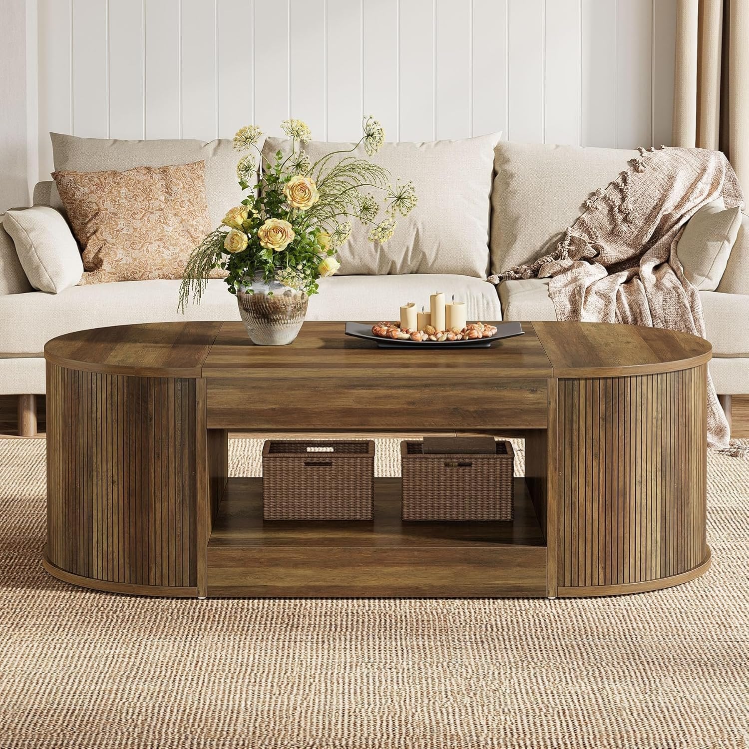 55" Farmhouse Coffee Table, 2-Tier Oval Center Table Tea Table with Storage