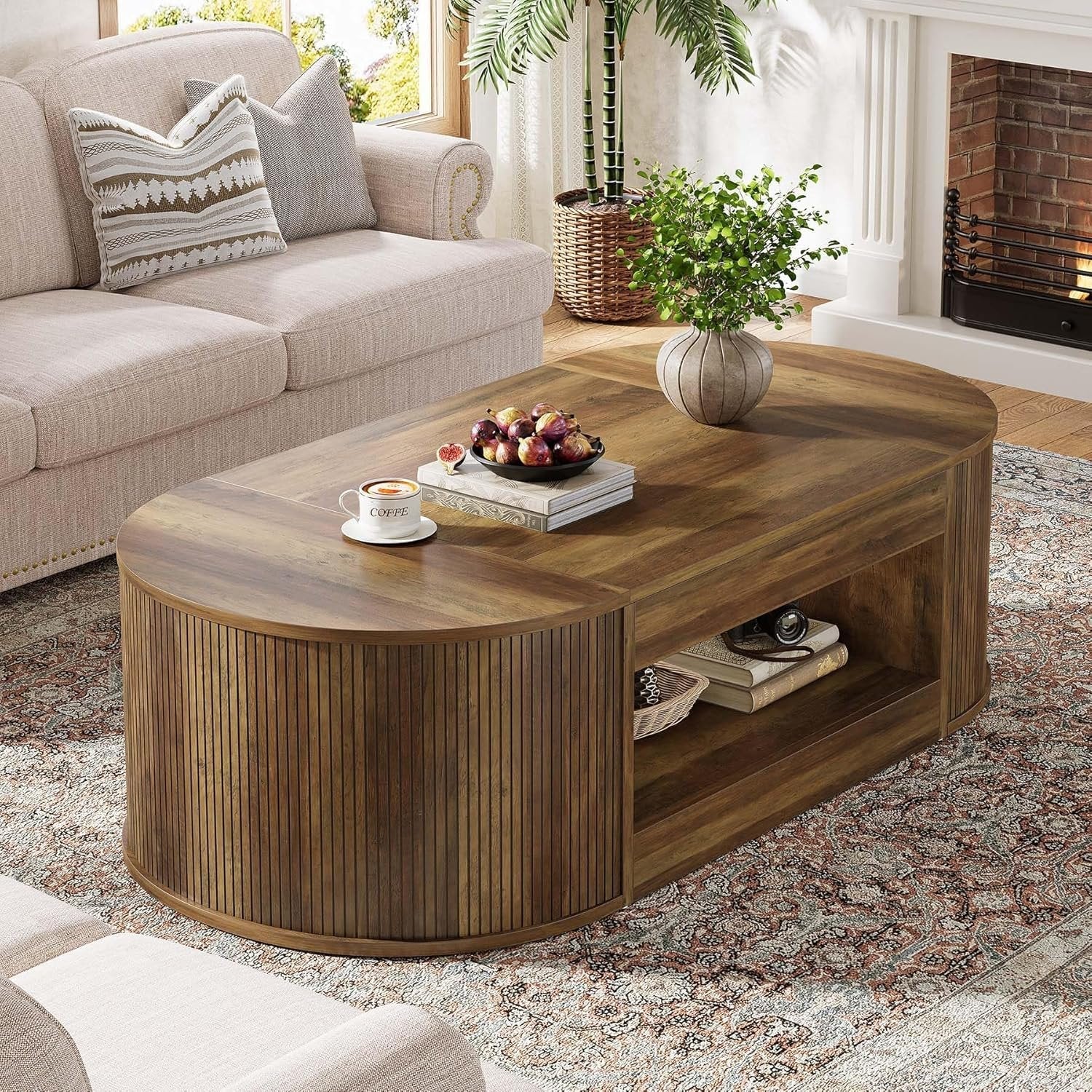 55" Farmhouse Coffee Table, 2-Tier Oval Center Table Tea Table with Storage