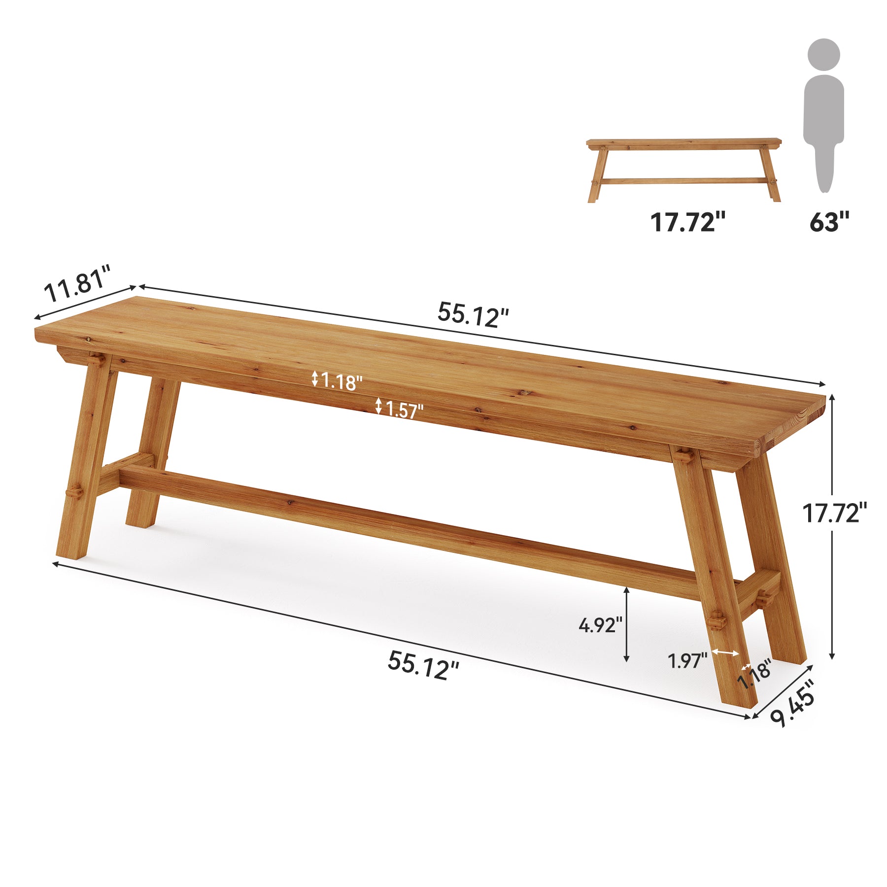 55" Farmhouse Dining Bench, Solid Wood Kitchen Table Bench with Sturdy Frame