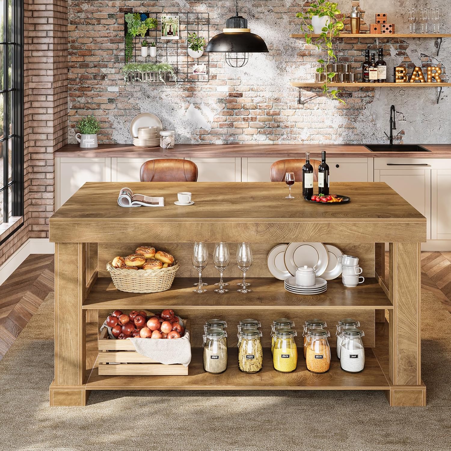 55" Home Bar Unit, 3-Tier Pub Table Liquor Cabinet with Storage Shelves
