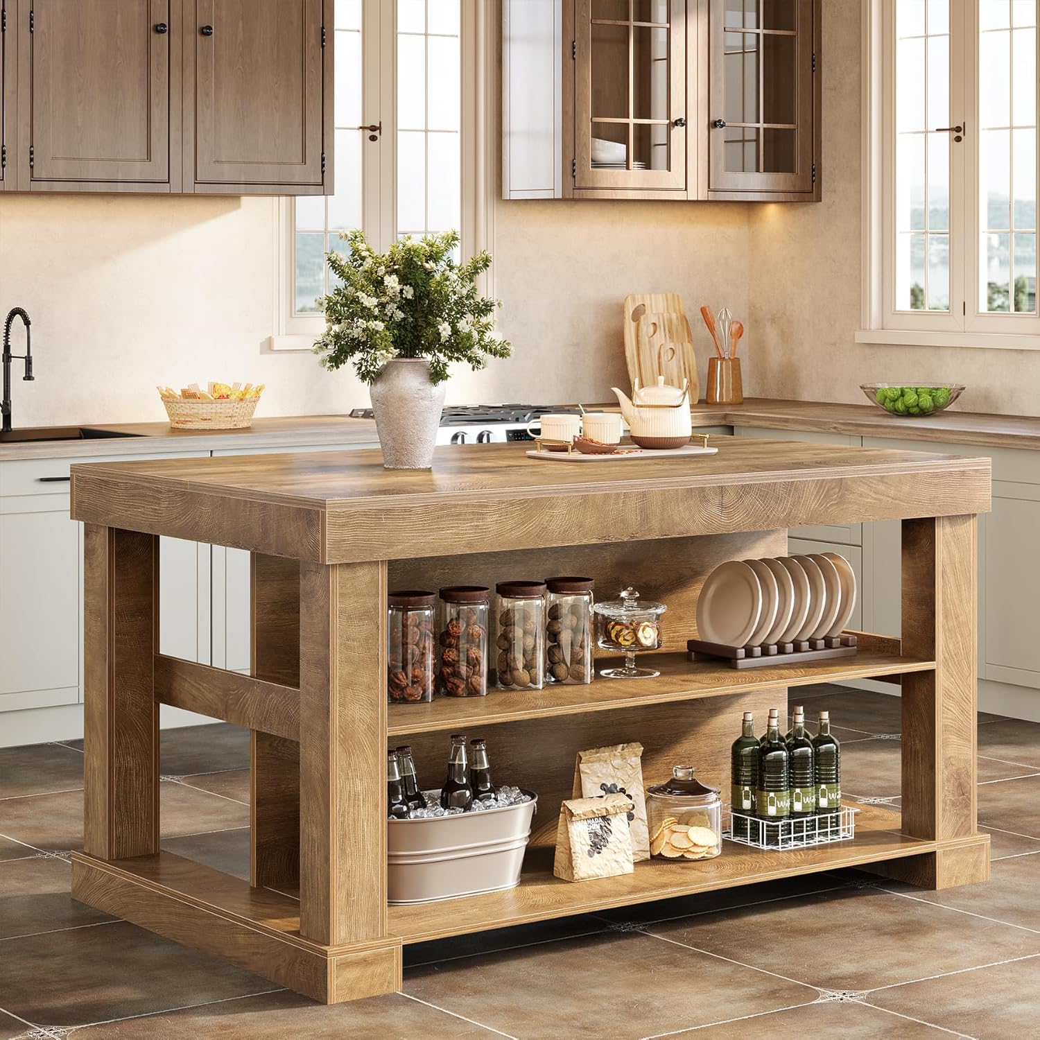 55" Home Bar Unit, 3-Tier Pub Table Liquor Cabinet with Storage Shelves