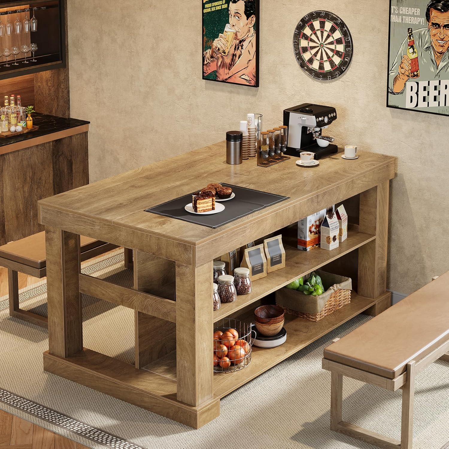 55" Home Bar Unit, 3-Tier Pub Table Liquor Cabinet with Storage Shelves