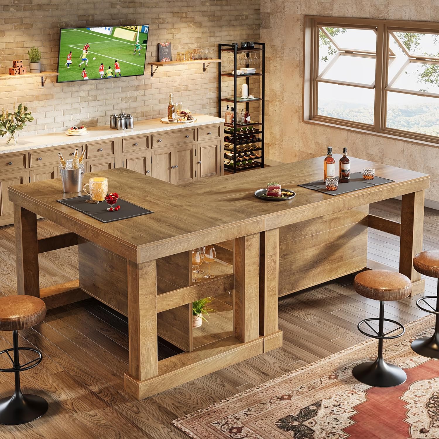 55" Home Bar Unit, 3-Tier Pub Table Liquor Cabinet with Storage Shelves