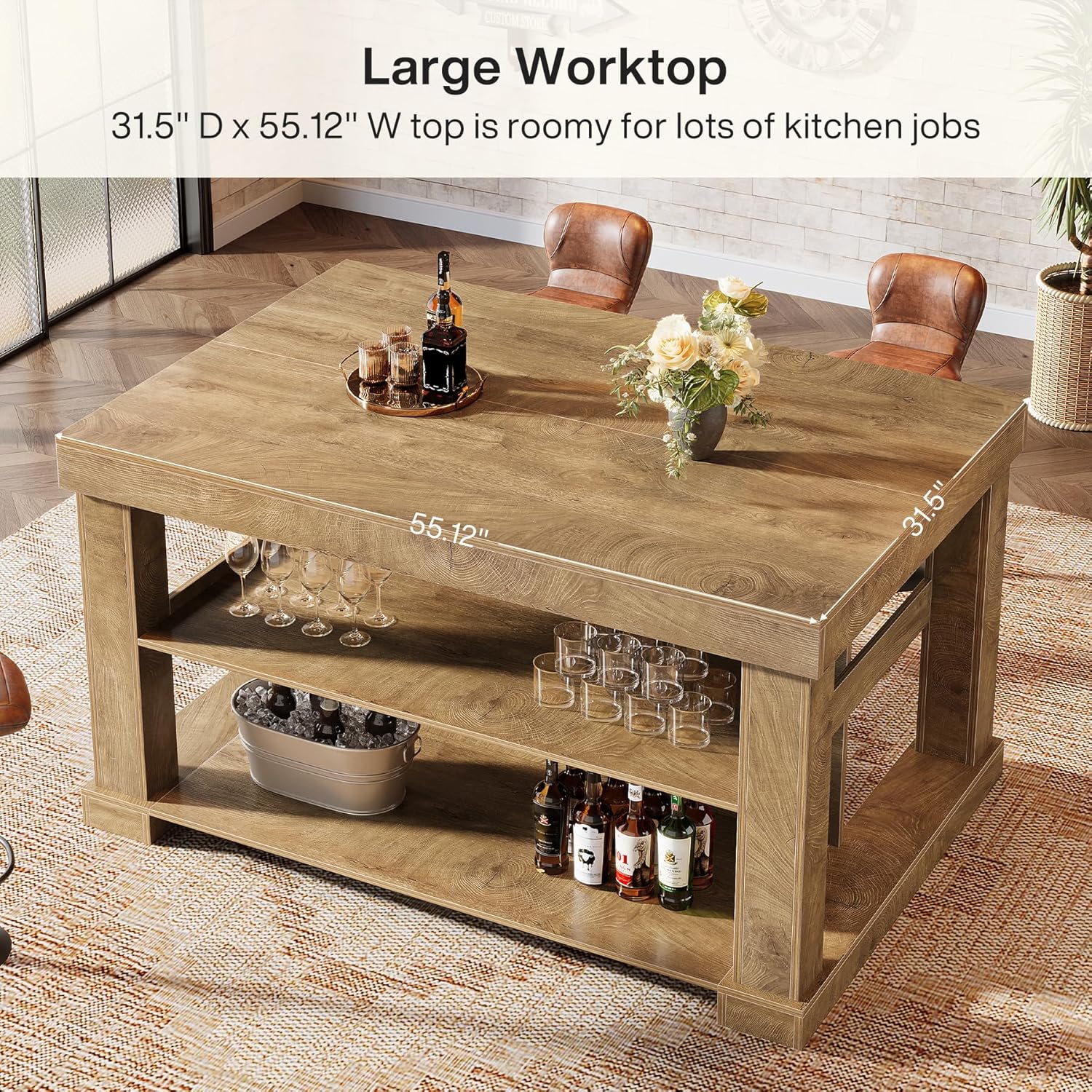 55" Home Bar Unit, 3-Tier Pub Table Liquor Cabinet with Storage Shelves