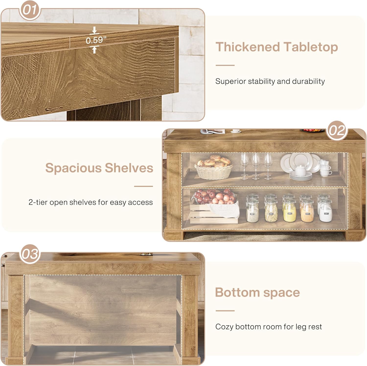 55" Home Bar Unit, 3-Tier Pub Table Liquor Cabinet with Storage Shelves