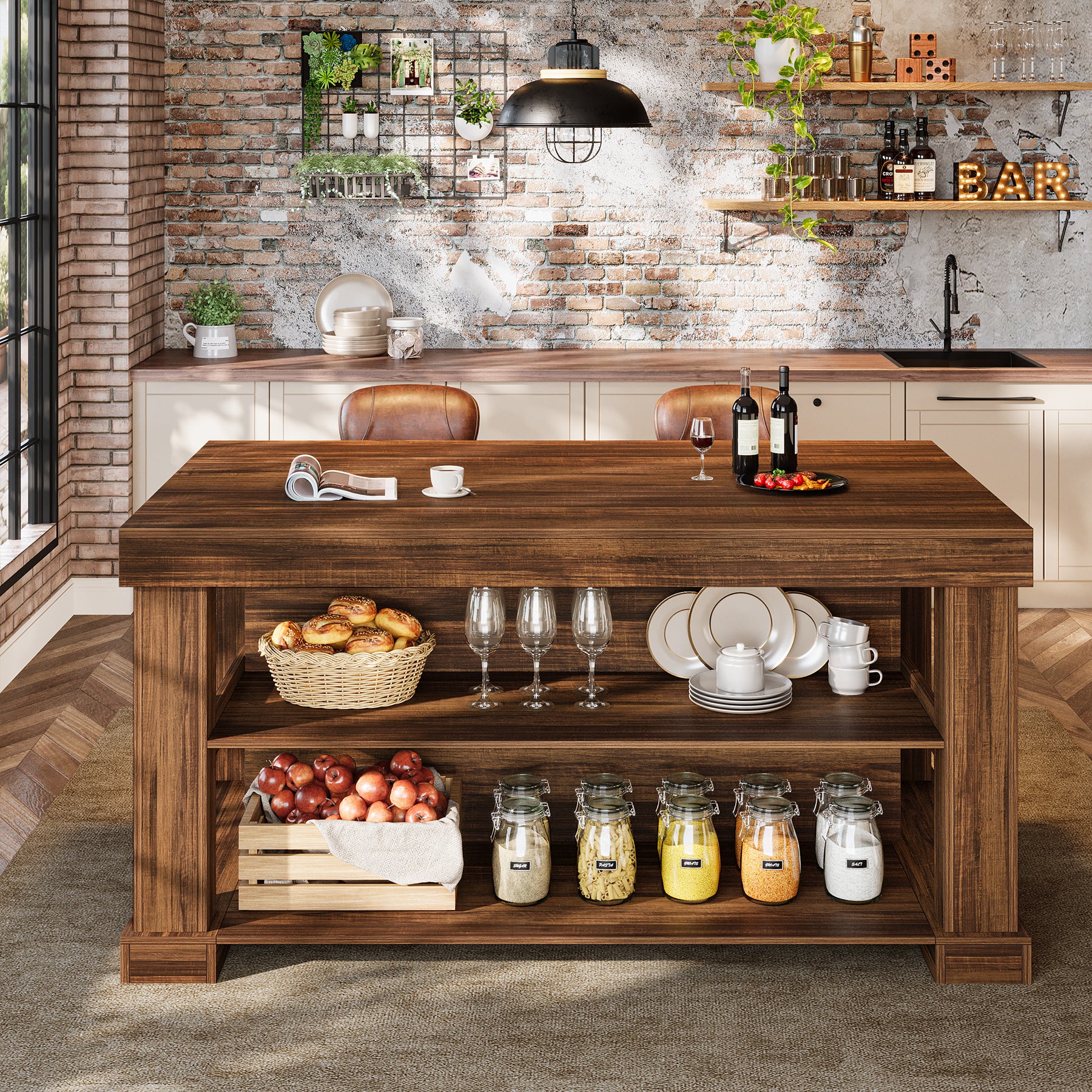 55" Home Bar Unit, 3-Tier Pub Table Liquor Cabinet with Storage Shelves