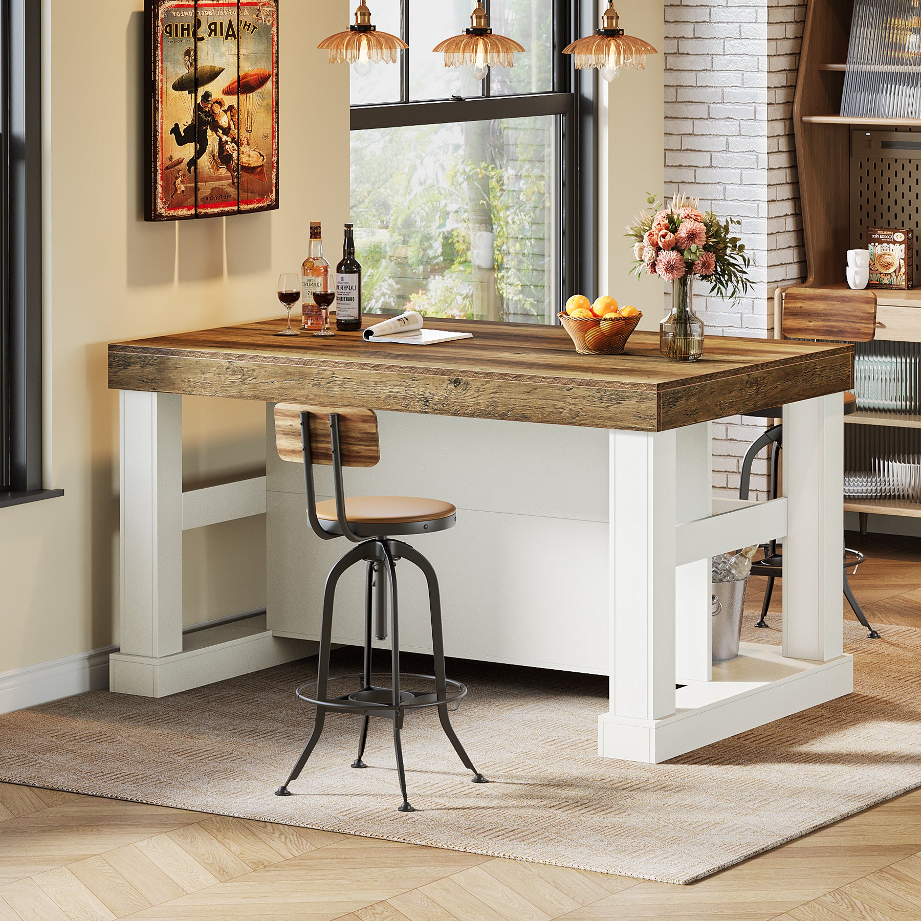 55" Home Bar Unit, 3-Tier Pub Table Liquor Cabinet with Storage Shelves