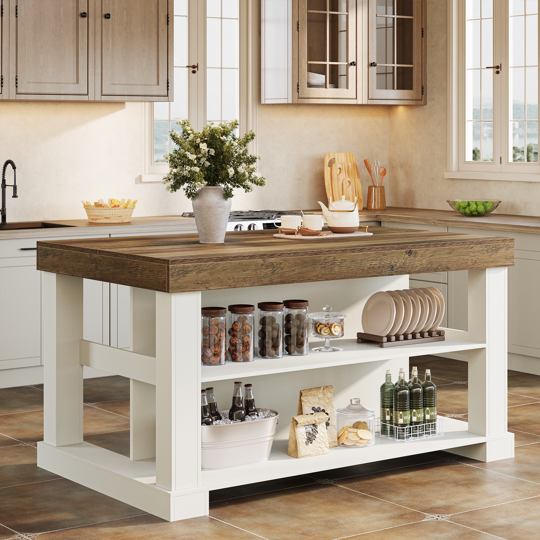 55" Home Bar Unit, 3-Tier Pub Table Liquor Cabinet with Storage Shelves
