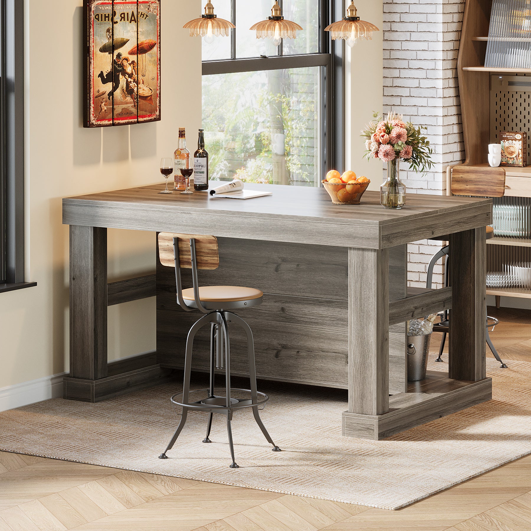55" Home Bar Unit, 3-Tier Pub Table Liquor Cabinet with Storage Shelves