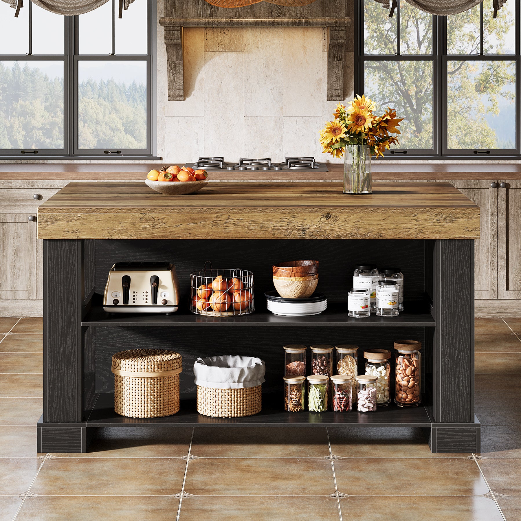 55" Home Bar Unit, 3-Tier Pub Table Liquor Cabinet with Storage Shelves