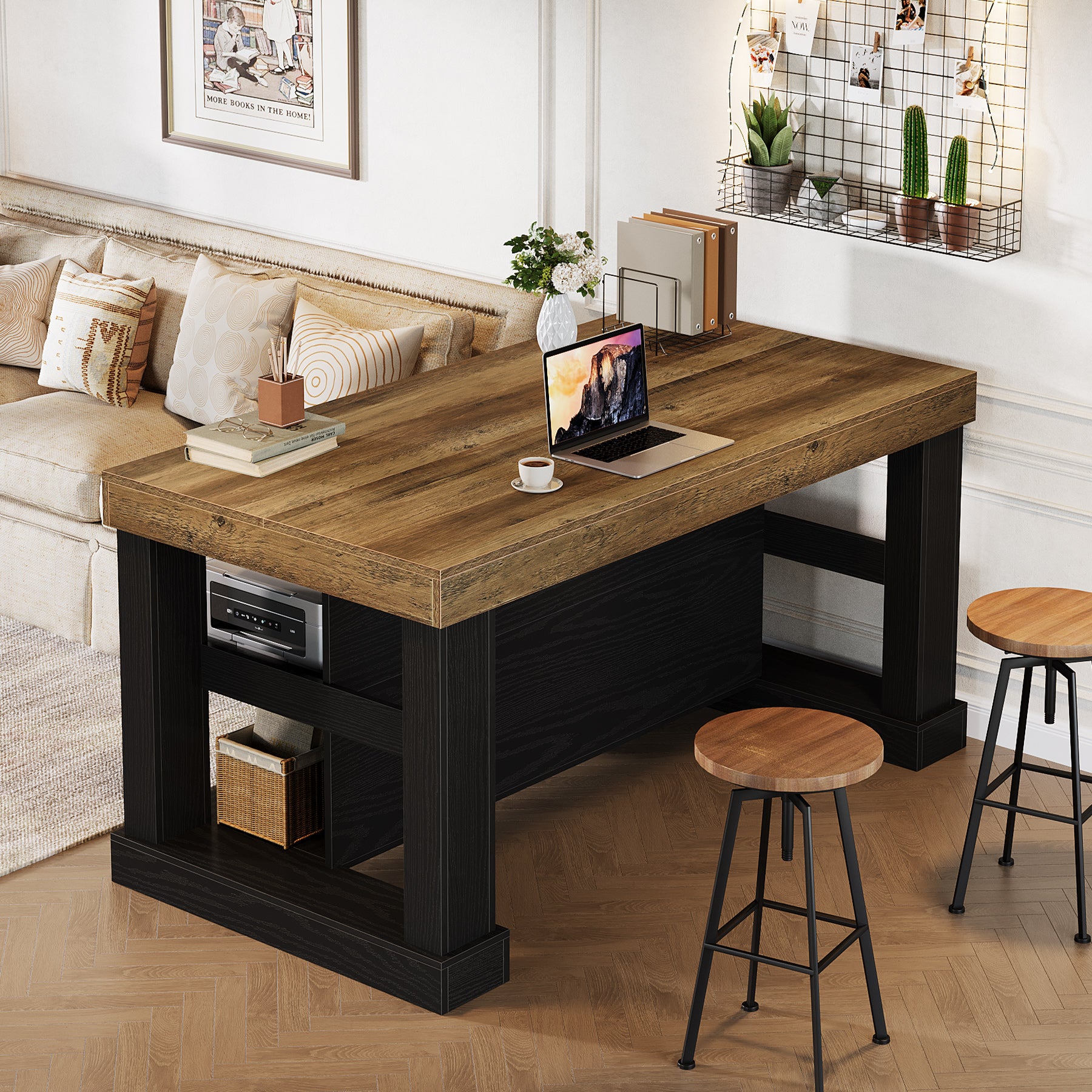 55" Home Bar Unit, 3-Tier Pub Table Liquor Cabinet with Storage Shelves