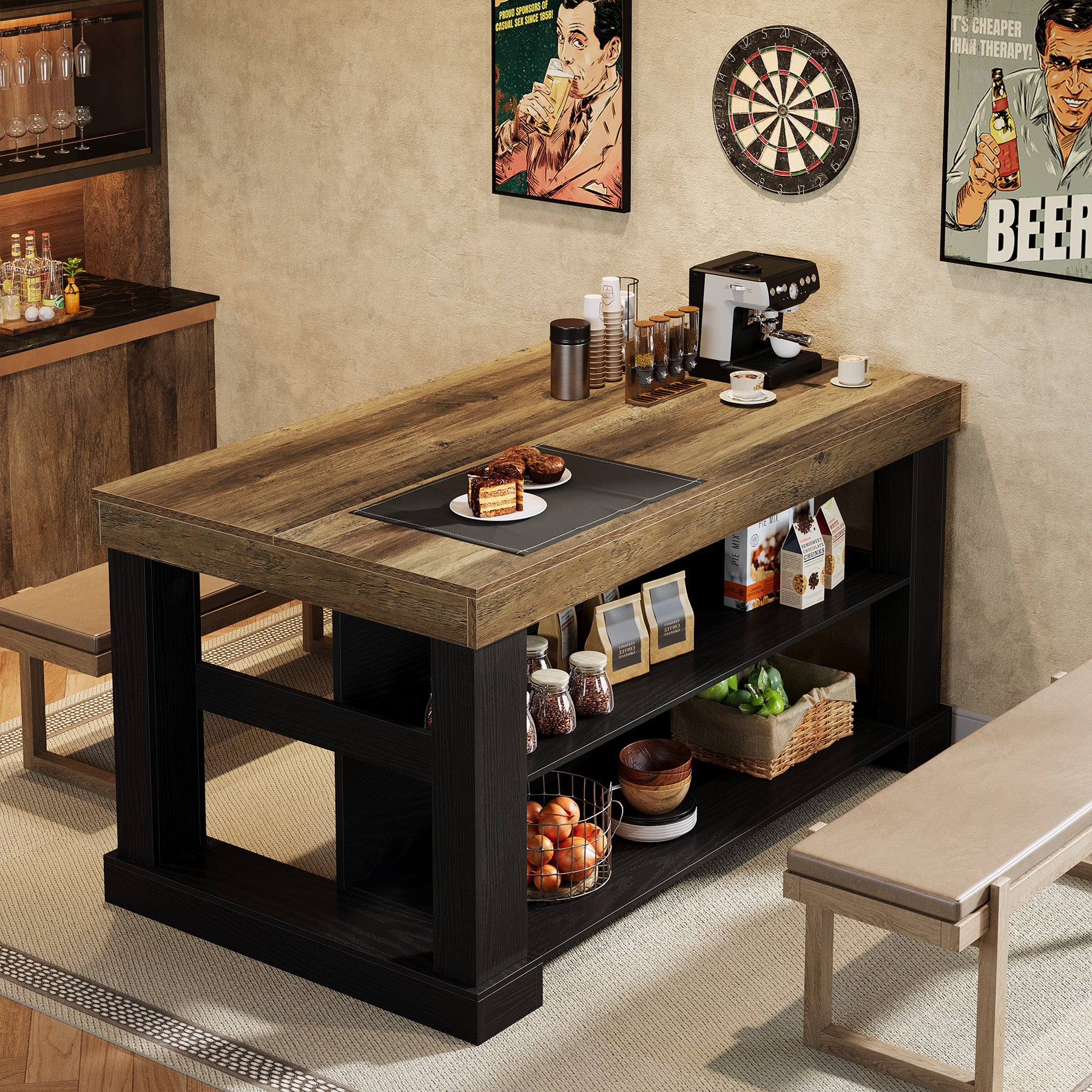 55" Home Bar Unit, 3-Tier Pub Table Liquor Cabinet with Storage Shelves