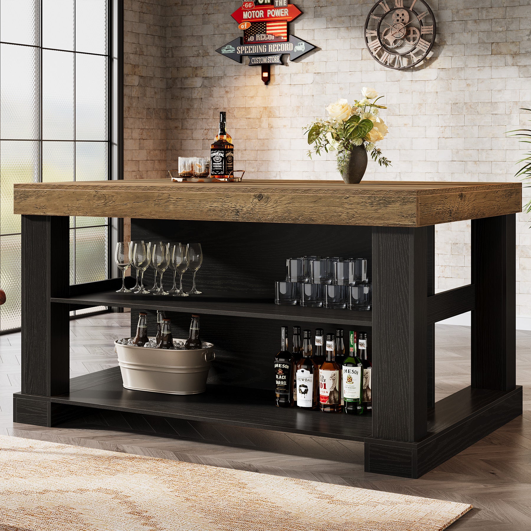 55" Home Bar Unit, 3-Tier Pub Table Liquor Cabinet with Storage Shelves