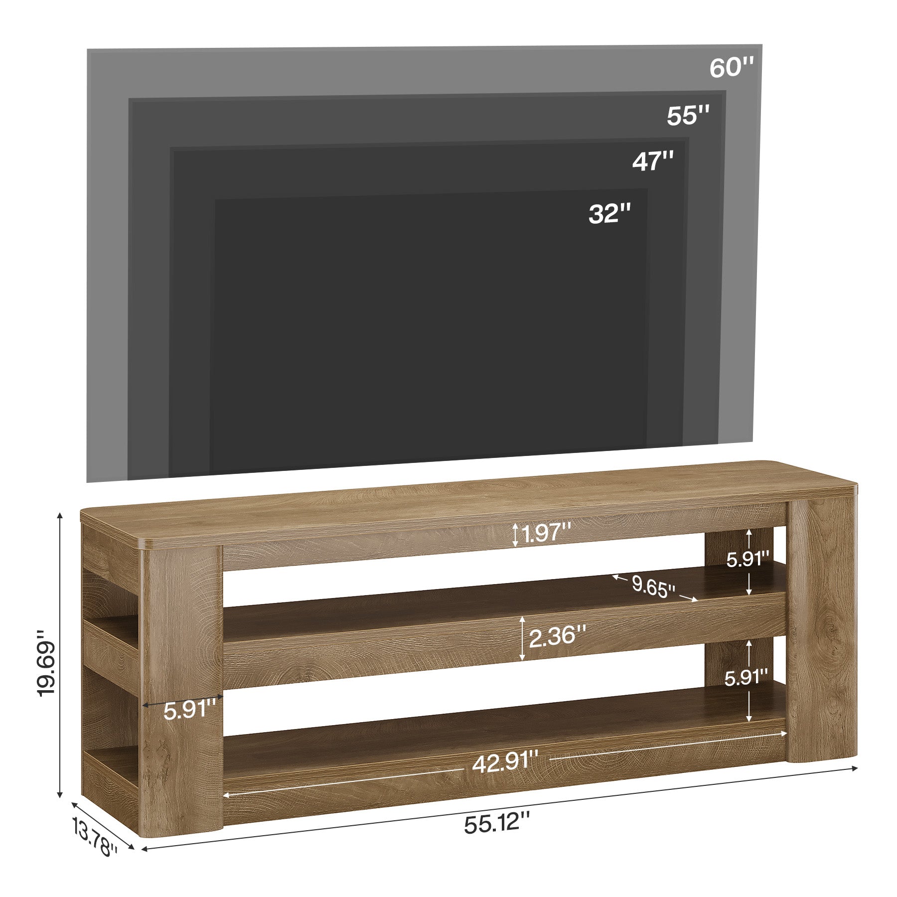 55" Modern TV Stand, 3-Tier Wooden Entertainment Center for TVs up to 60"