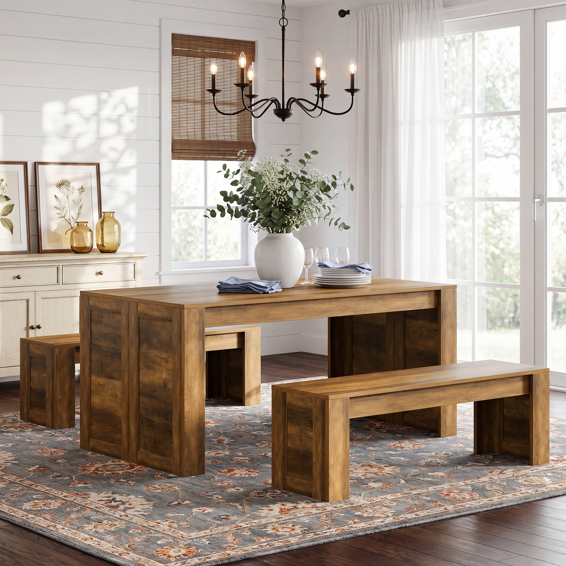 55“ Rectangle Farmhouse Dining Table Set for 4-6, Wooden Kitchen Table with 2 Benches