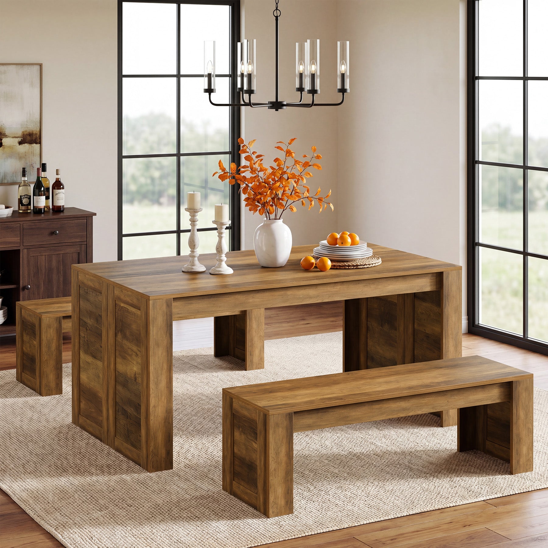 55“ Rectangle Farmhouse Dining Table Set for 4-6, Wooden Kitchen Table with 2 Benches