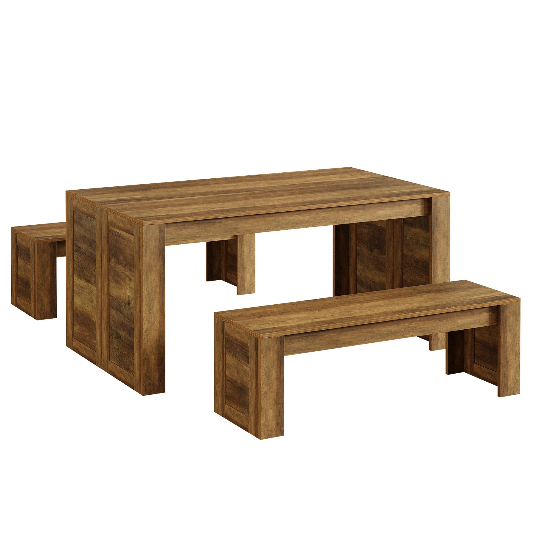 55“ Rectangle Farmhouse Dining Table Set for 4-6, Wooden Kitchen Table with 2 Benches
