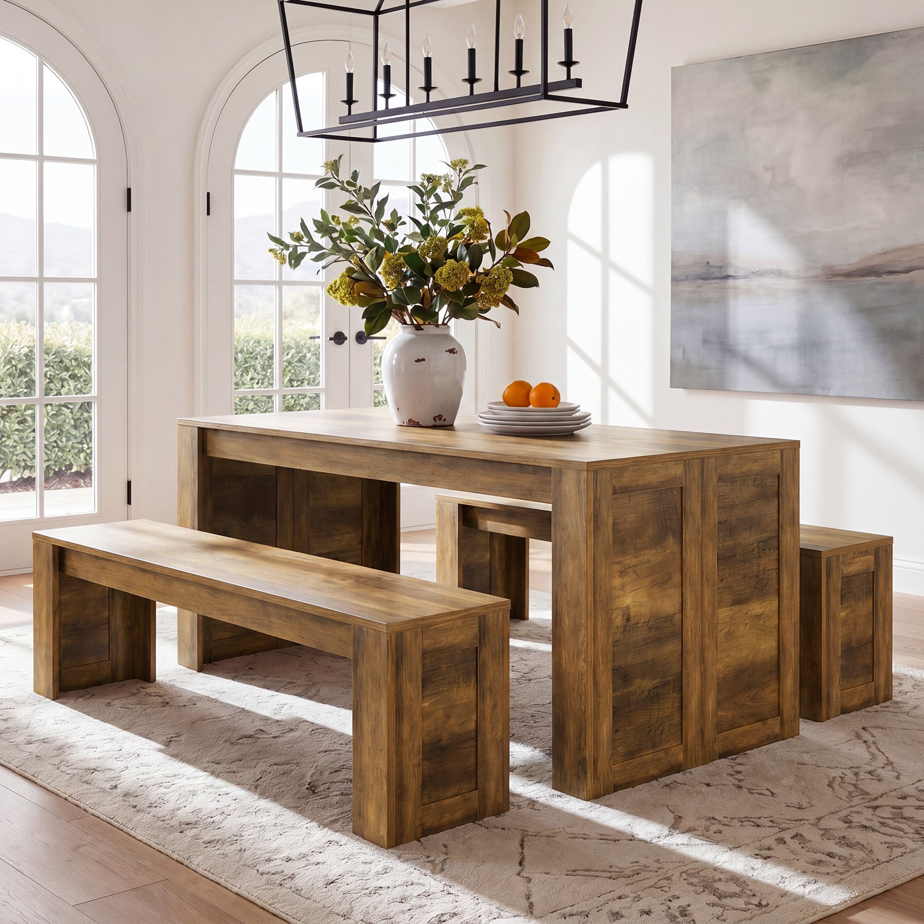 55“ Rectangle Farmhouse Dining Table Set for 4-6, Wooden Kitchen Table with 2 Benches