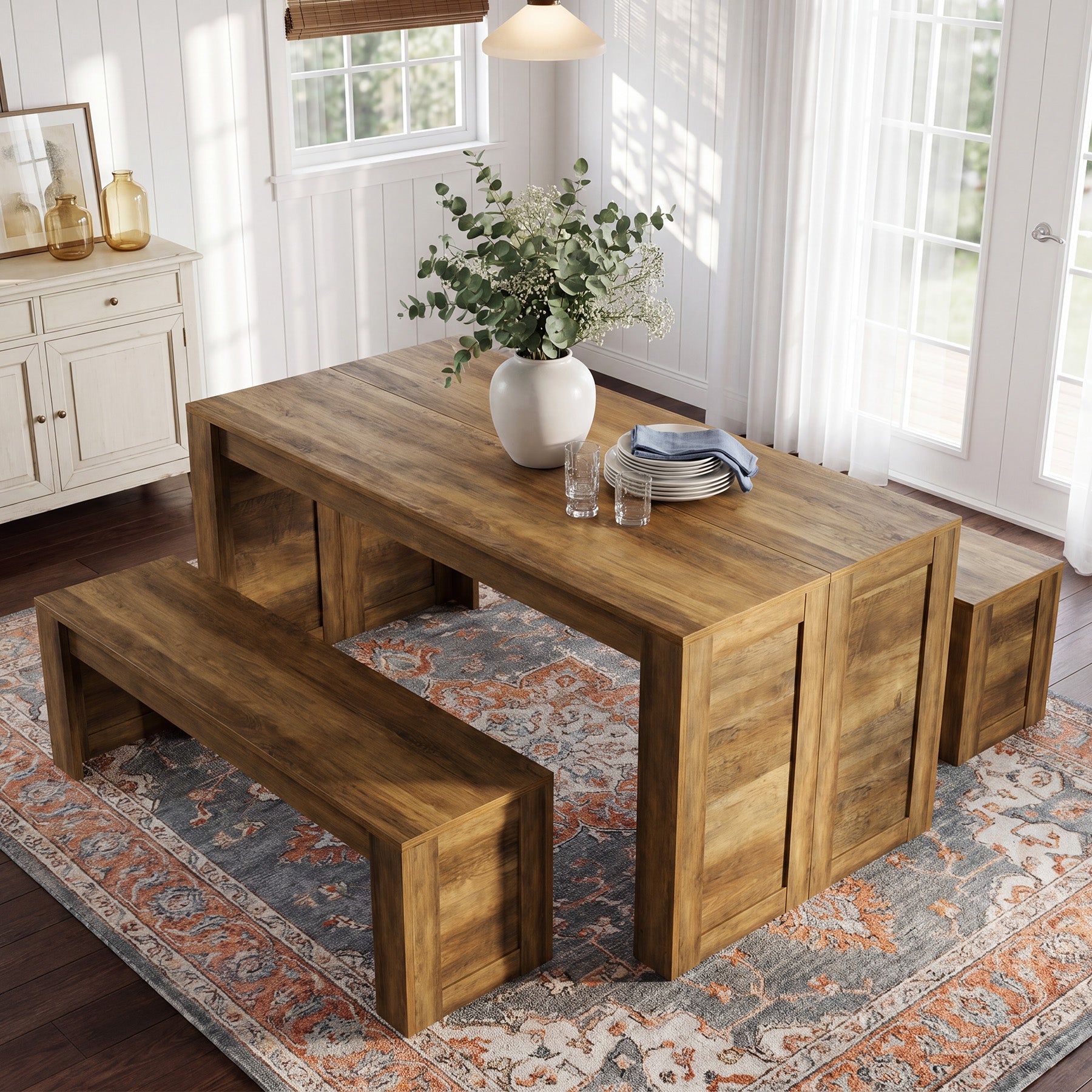 55“ Rectangle Farmhouse Dining Table Set for 4-6, Wooden Kitchen Table with 2 Benches