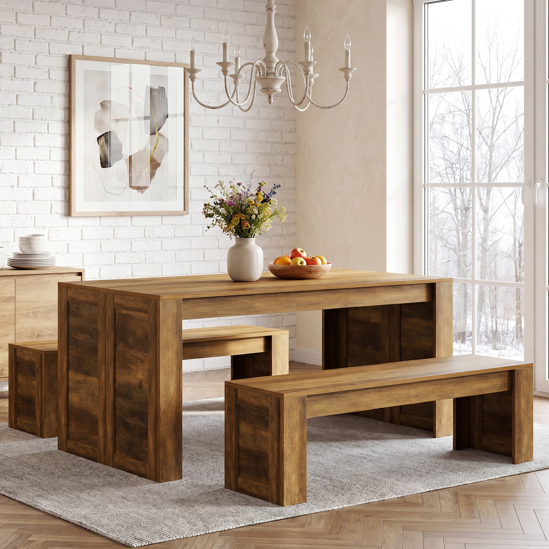 55“ Rectangle Farmhouse Dining Table Set for 4-6, Wooden Kitchen Table with 2 Benches
