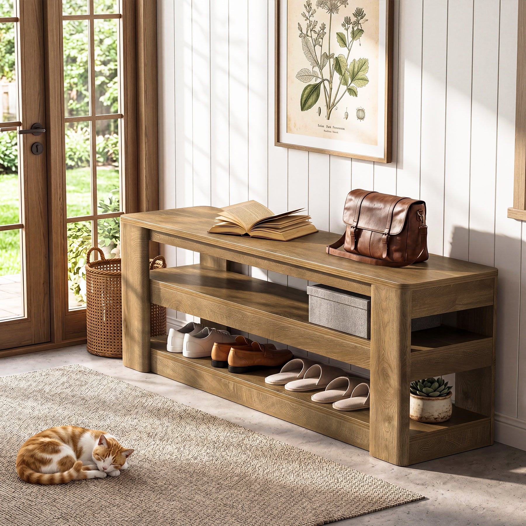 55" Shoe Rack Bench, 3-Tier Entryway Storage Bench Seat for Entrance