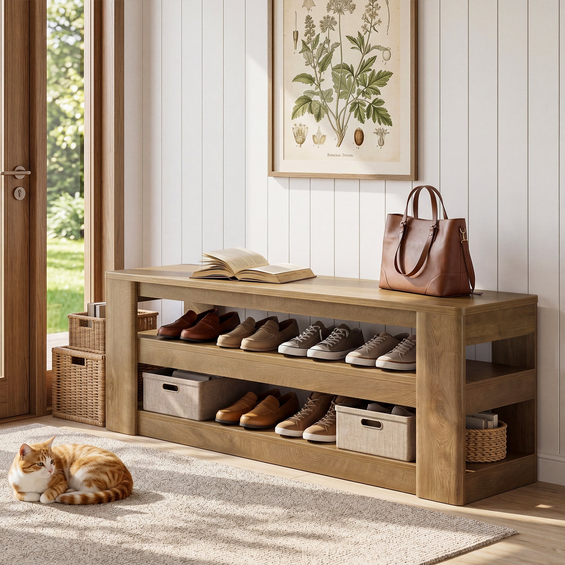 55" Shoe Rack Bench, 3-Tier Entryway Storage Bench Seat for Entrance