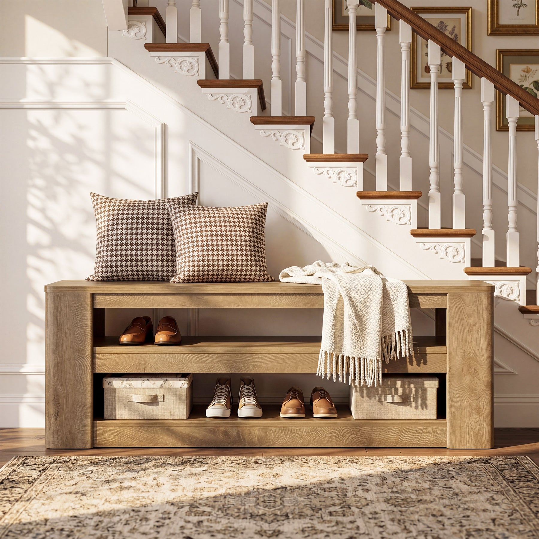 55" Shoe Rack Bench, 3-Tier Entryway Storage Bench Seat for Entrance