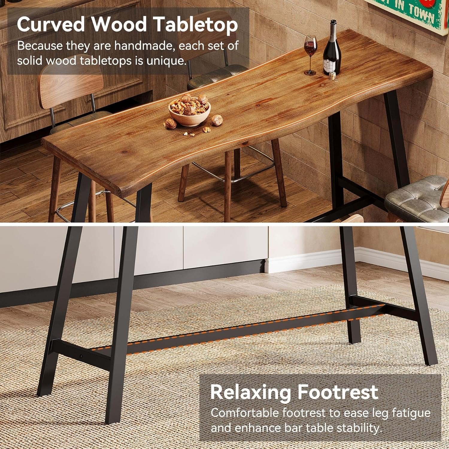 55" Solid Wood Bar Table, Industrial Counter Height Pub Table Bar Units