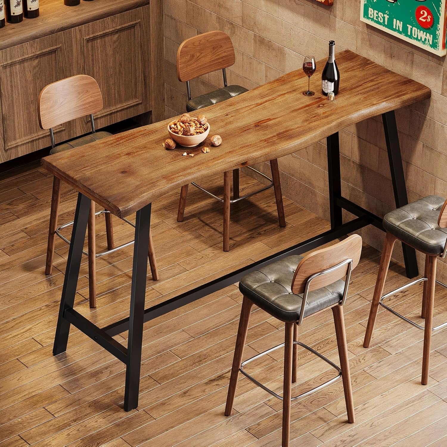 55" Solid Wood Bar Table, Industrial Counter Height Pub Table Bar Units