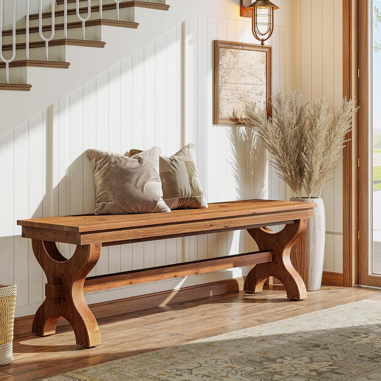55" Solid Wood Entryway Bench, Farmhouse Indoor Bench Narrow Hallway Seat