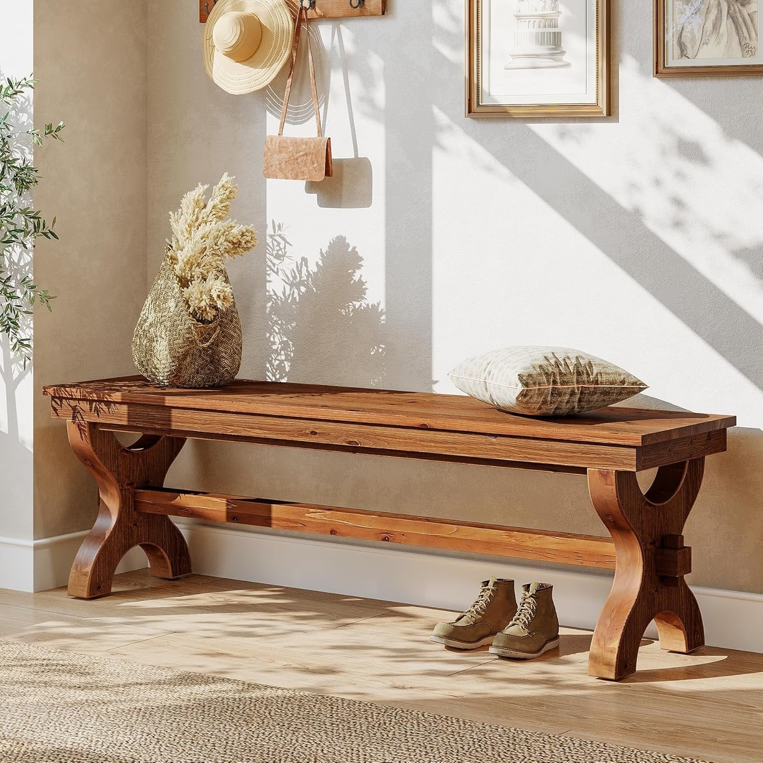 55" Solid Wood Entryway Bench, Farmhouse Indoor Bench Narrow Hallway Seat