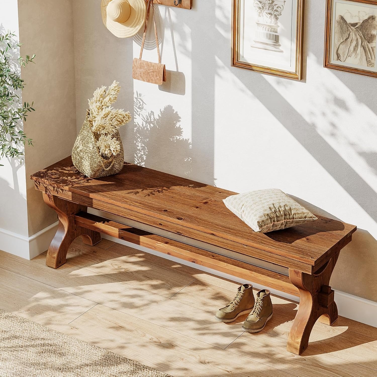 55" Solid Wood Entryway Bench, Farmhouse Indoor Bench Narrow Hallway Seat