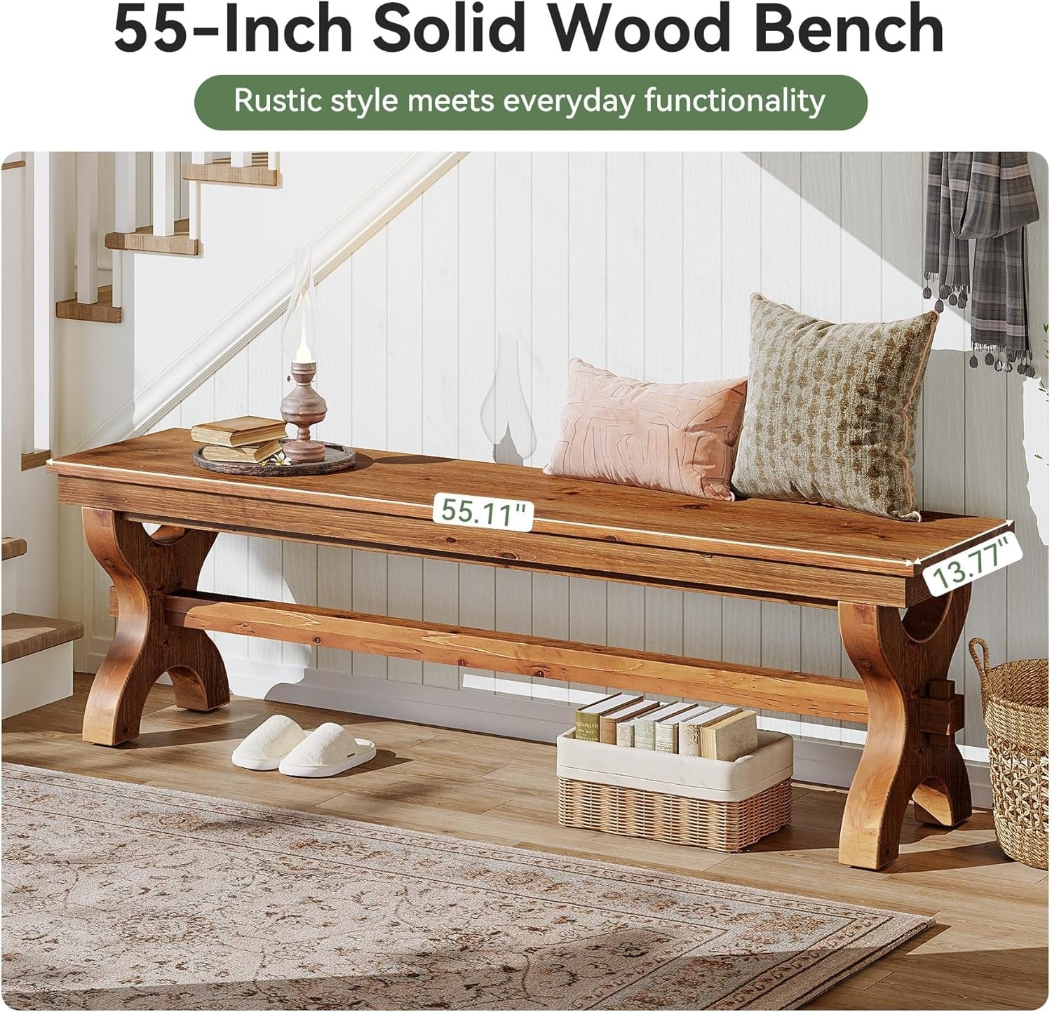 55" Solid Wood Entryway Bench, Farmhouse Indoor Bench Narrow Hallway Seat