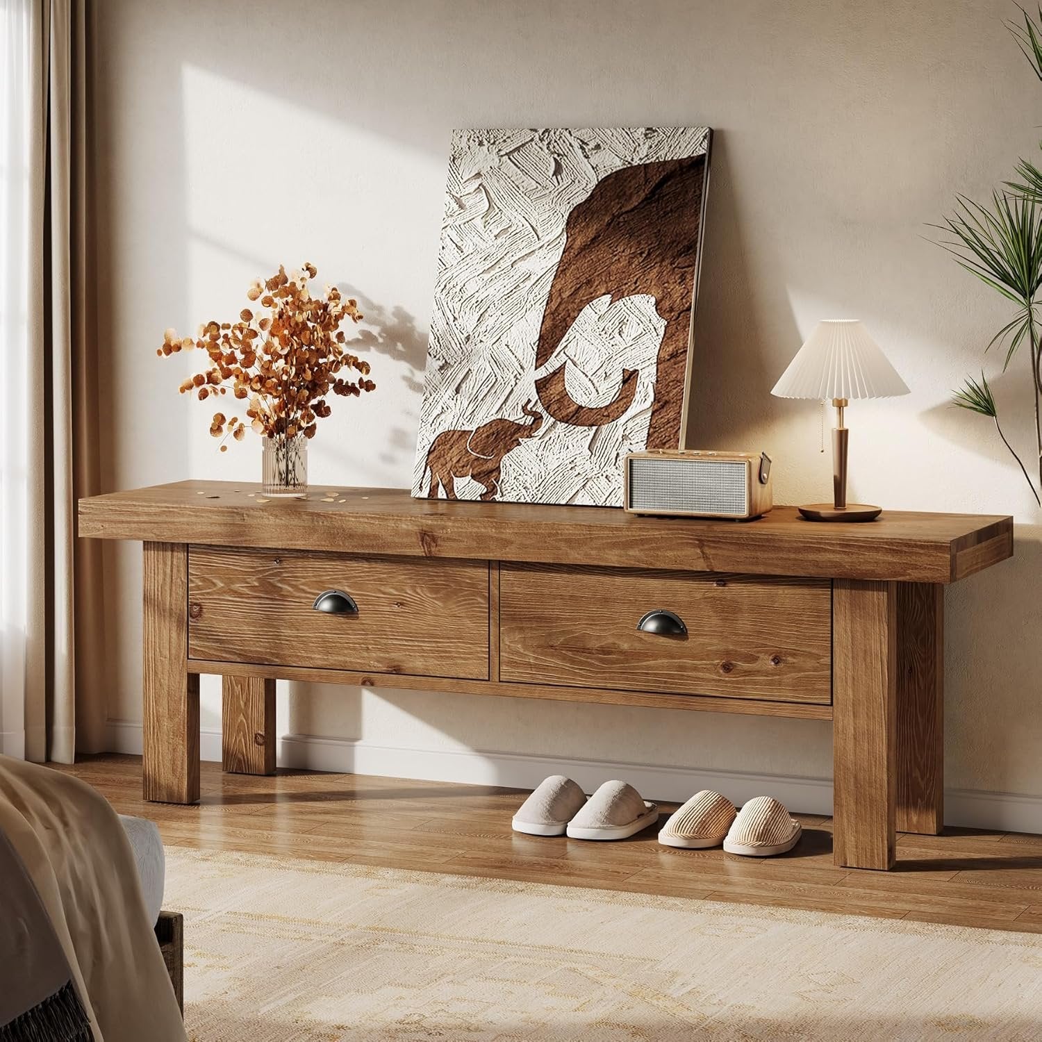 55" Solid Wood Entryway Bench, Farmhouse Long Bench End of Bed Stool with 2 Drawers