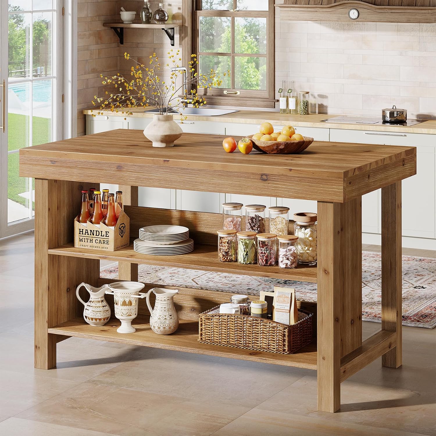 55" Wood Kitchen Island, 3-Tier Farmhouse Counter Height Coffee Bar