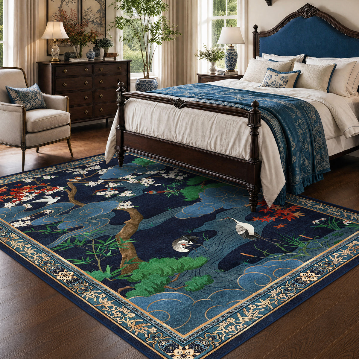 Floral Cherry Blossom Oriental Rug#Color_Blue