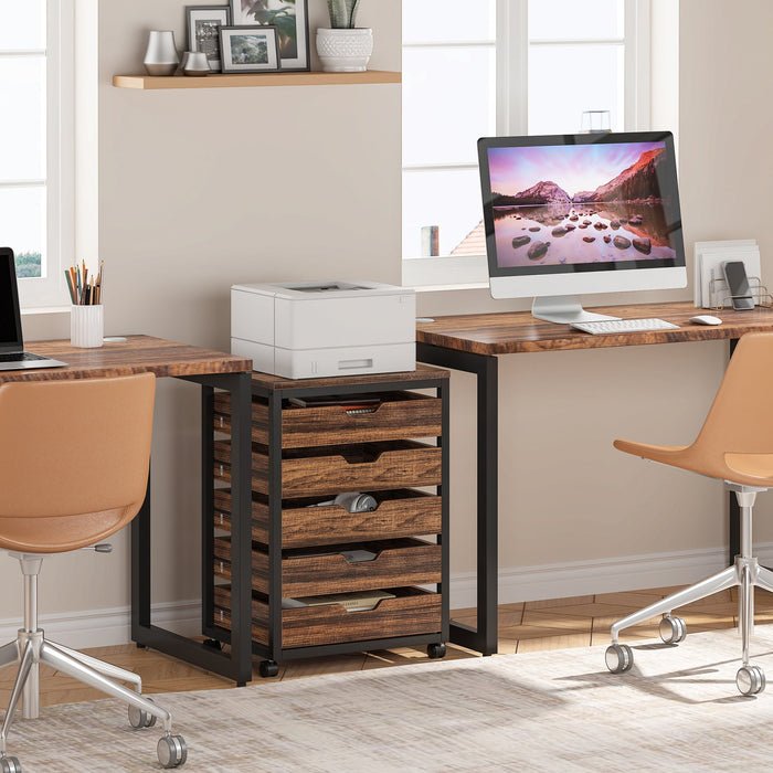 5-Drawer File Cabinet, Wood Mobile Storage Drawer Unit Industrial Office Cabinet with Drawers & Wheels