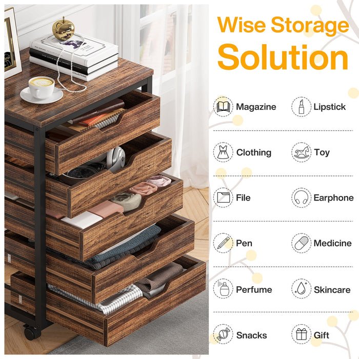5-Drawer File Cabinet, Wood Mobile Storage Drawer Unit Industrial Office Cabinet with Drawers & Wheels