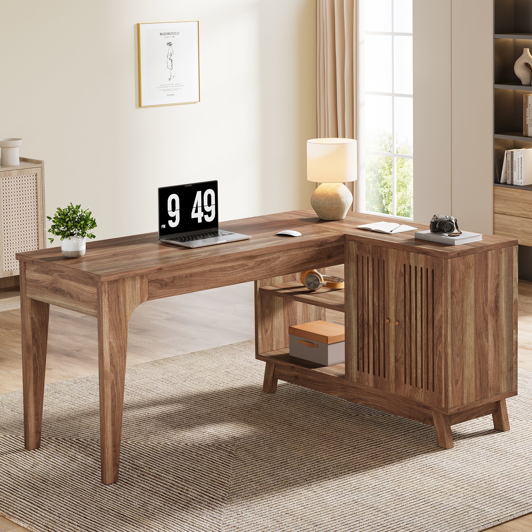 57" L - Shaped Corner Desk, Wood Computer Desk Study Writing Table with Cabinet Tribesigns