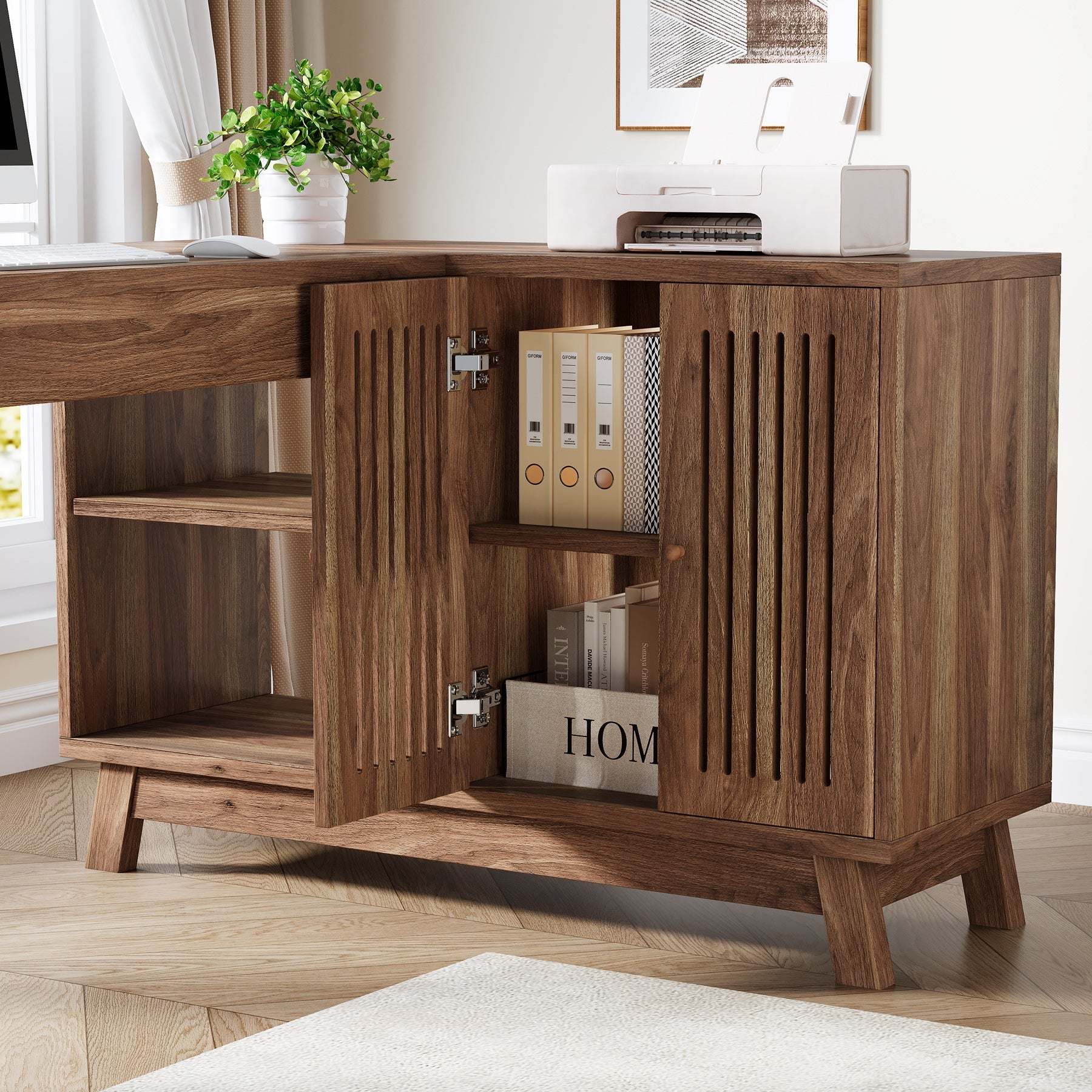 57" L - Shaped Corner Desk, Wood Computer Desk Study Writing Table with Cabinet Tribesigns