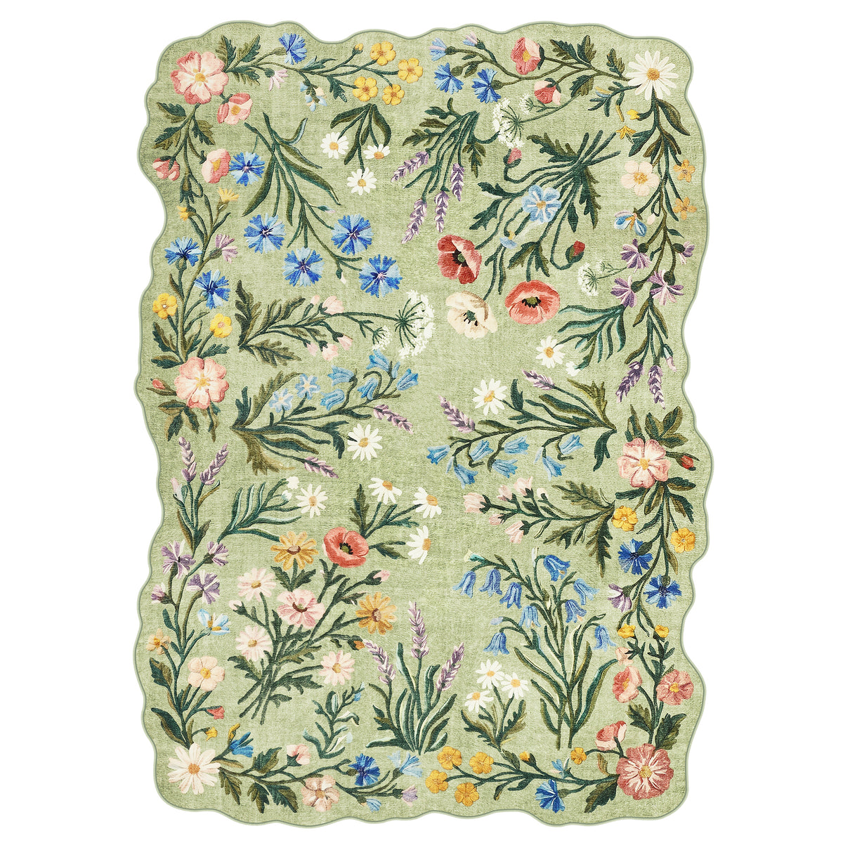 5x7/8x10 Floral Area Rug, Machine Washable Faux Wool, Non-Slip Scalloped Botanical Carpet