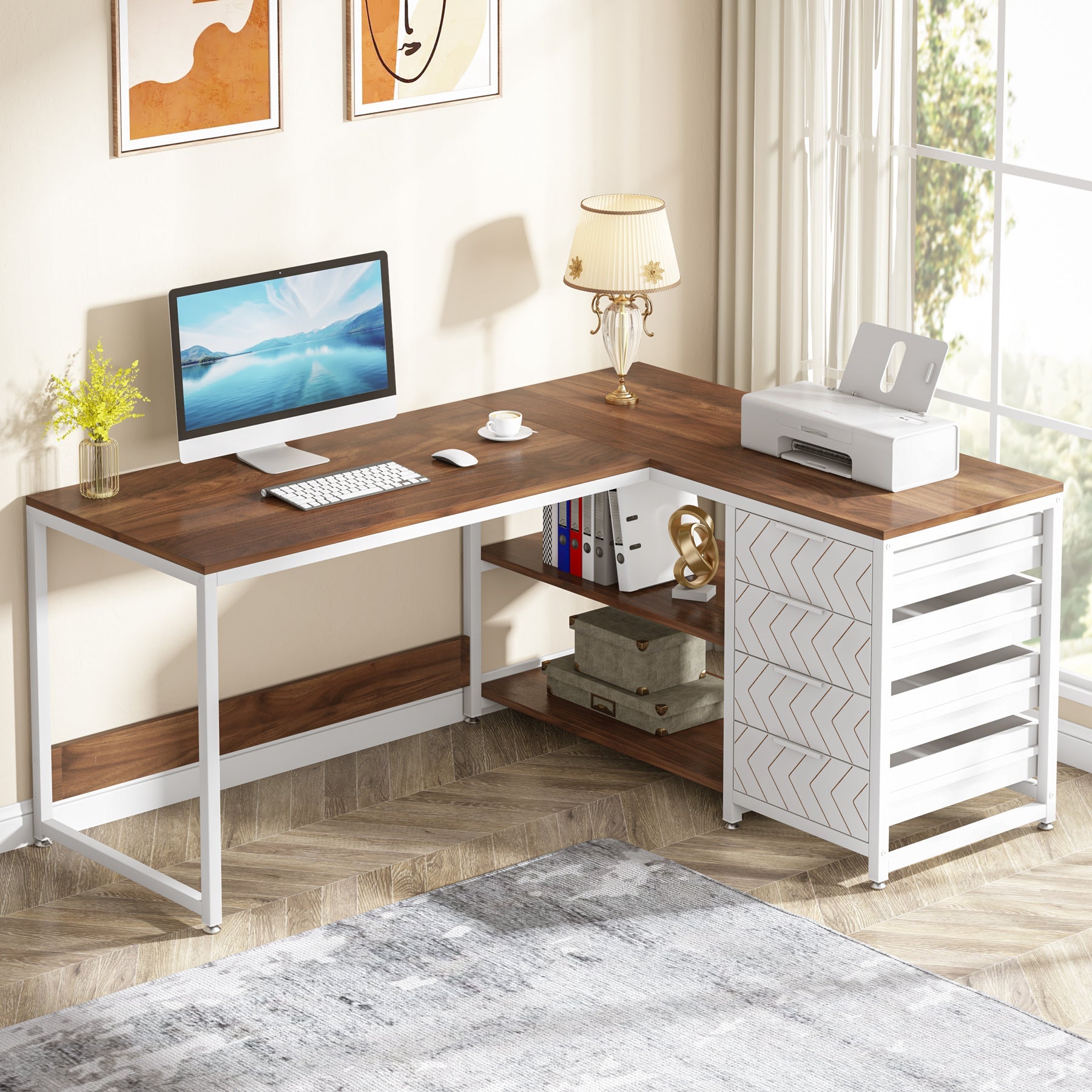 59" L-Shaped Desk, Reversible Corner Desk with Drawers & Shelves Tribesigns
