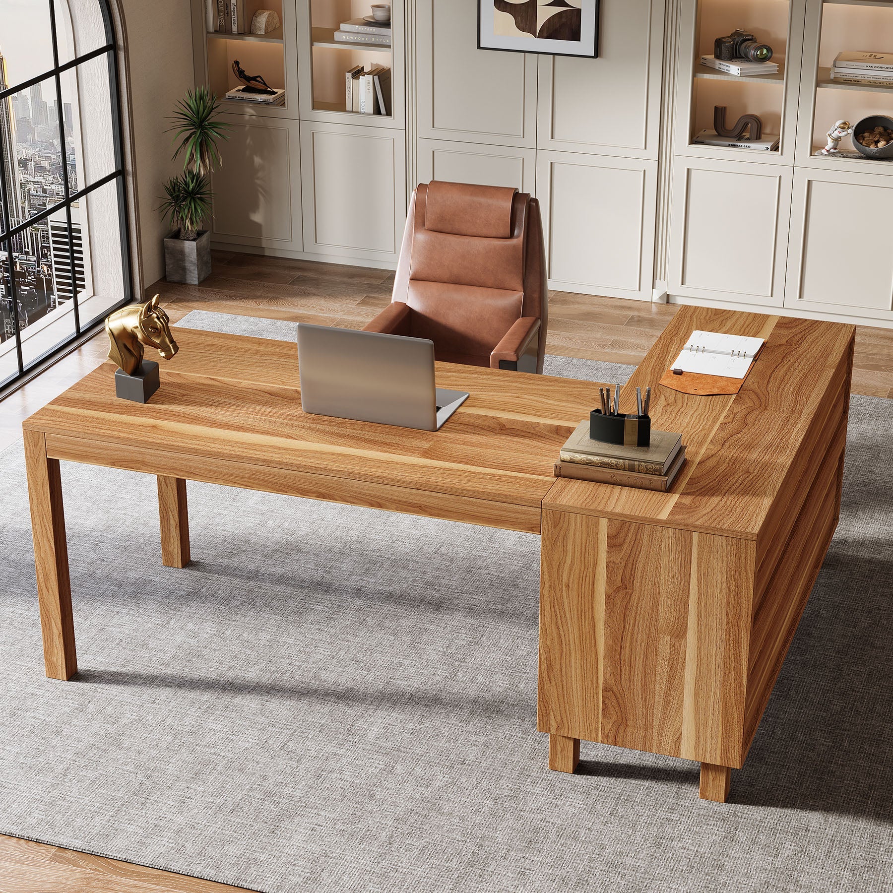 59" L - Shaped Executive Desk, Computer Desk Home Office Desk With Storage Cabinet Tribesigns