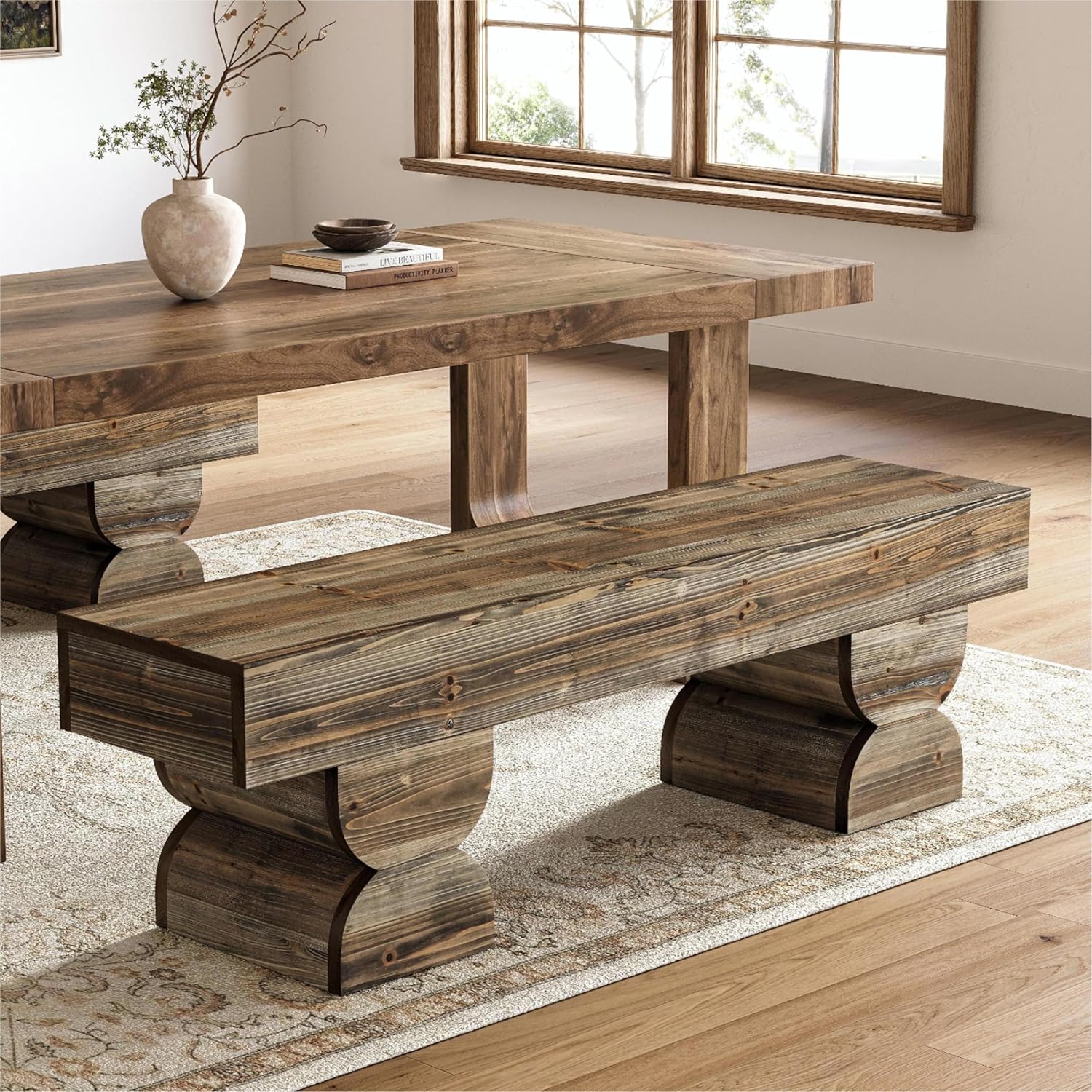 59" Dining Bench, Wood Kitchen Stool with Sturdy Double Pedestal