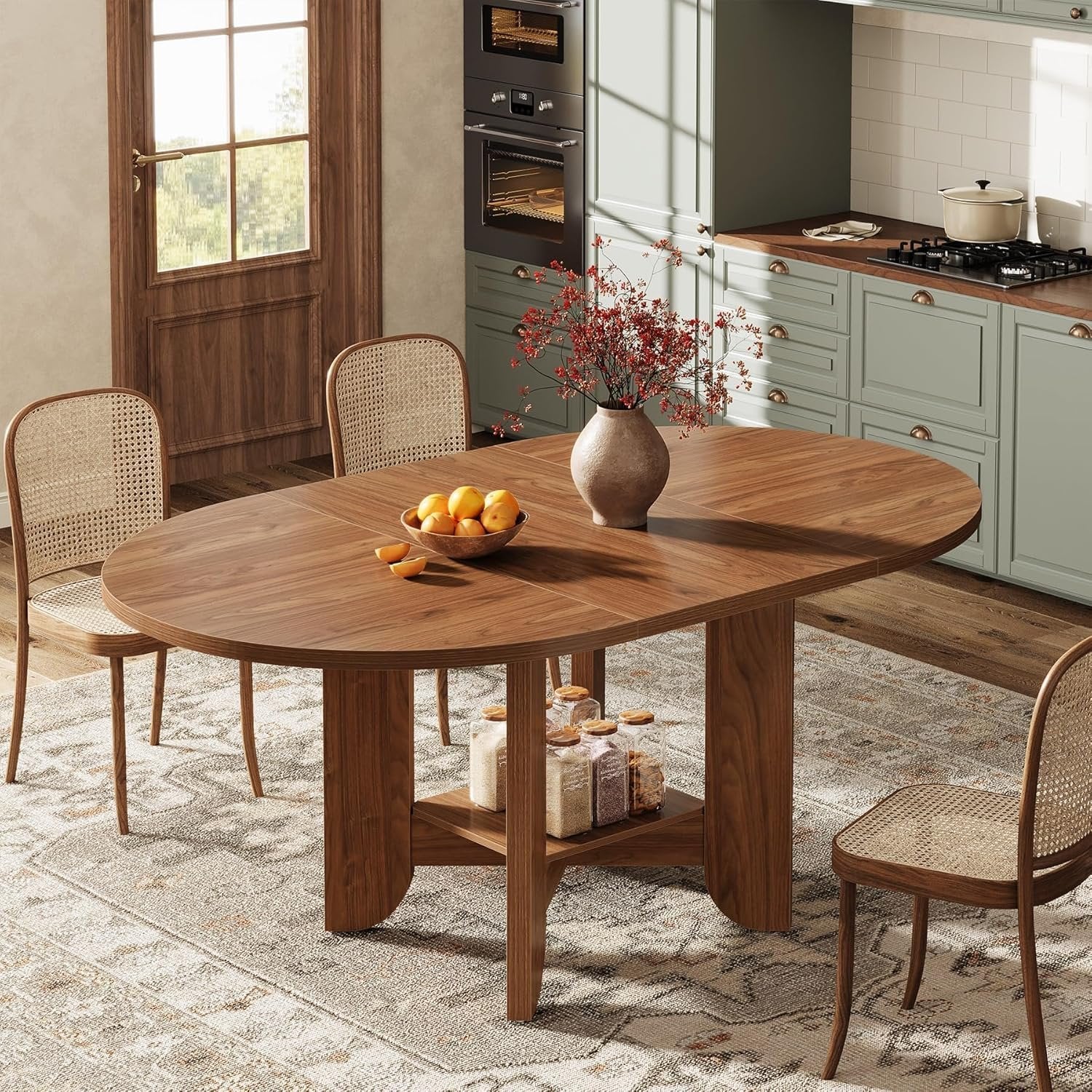 59" Dining Table for 4-6, Modern Oval Kitchen Table with Storage Shelf