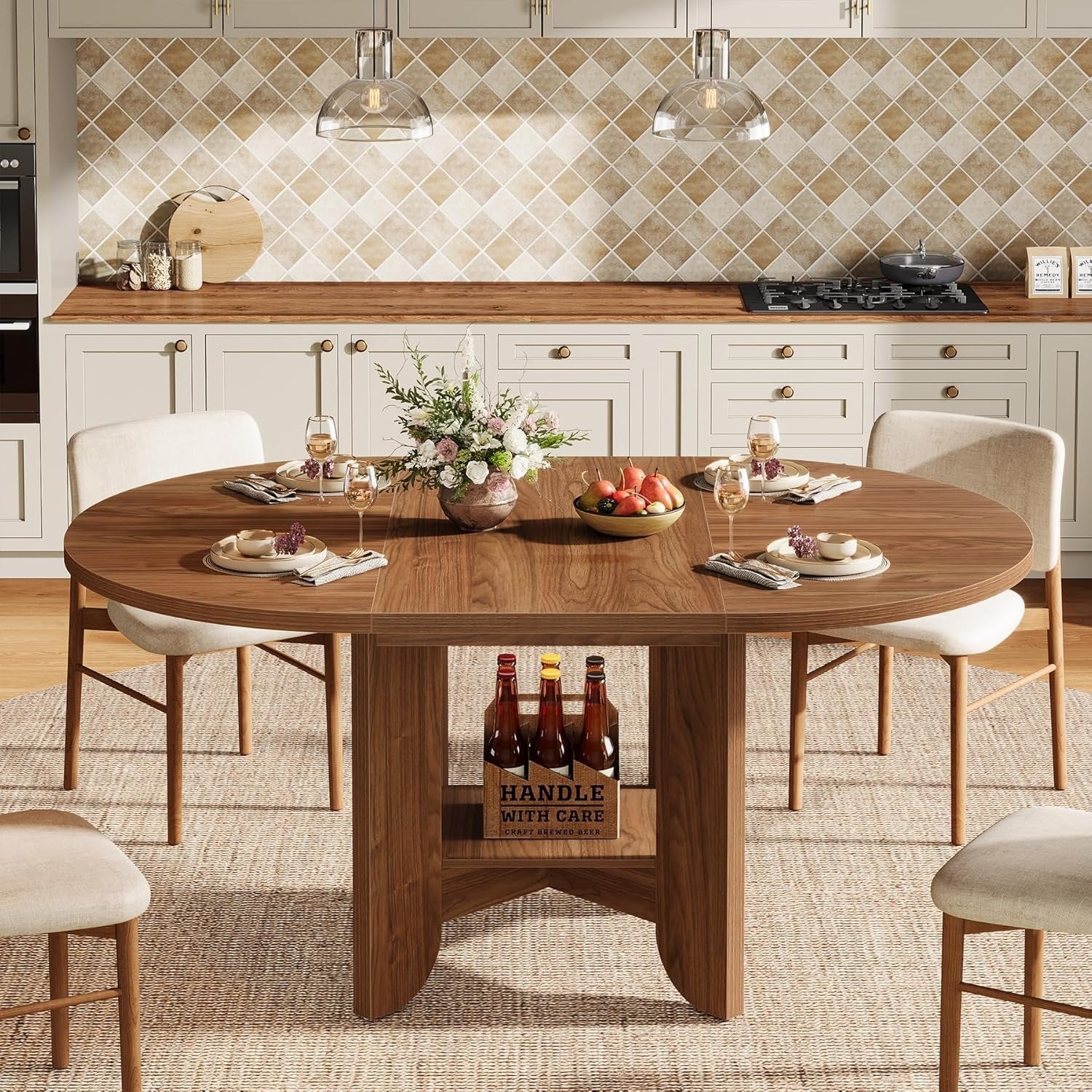 59" Dining Table for 4-6, Modern Oval Kitchen Table with Storage Shelf